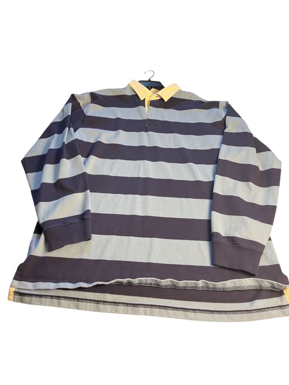 L.L. Bean Rugby Shirt XL Navy & Light Blue Striped Long Sleeve Heavy Cotton Polo